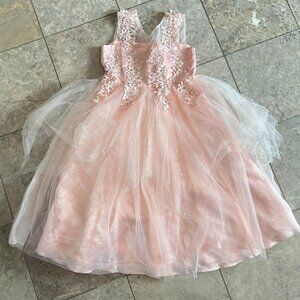 150 Girls Pink Princess Flower Girl Dress Tulle Layers Satin Bodice Pearls Fancy